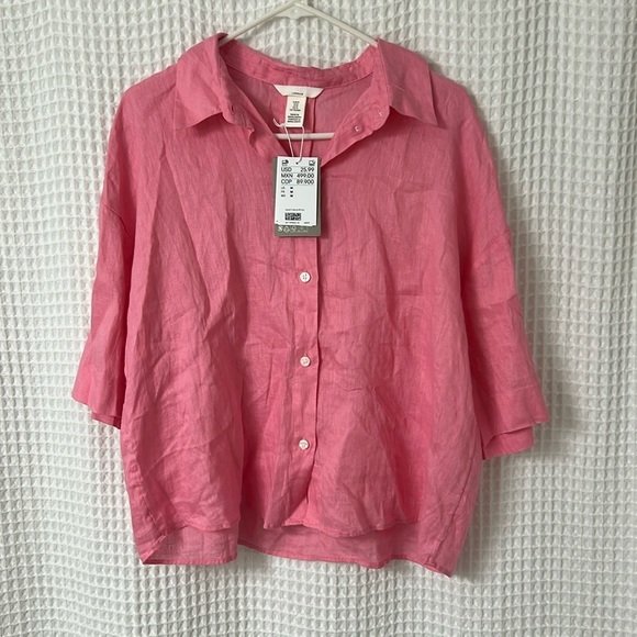 H&M Tops - Pink 100% Linen Button Down Short Sleeve Shirt Medium NWT H&M